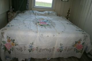 Vintage Bucilla Floral Cameo Stamped Cross Stitch Full Quilt Top 2 Finish Love