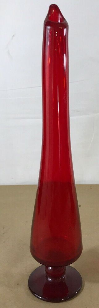 Vintage Stretch Swung Glass Pedestal Vase Red Hand Blown 12 1/4”.  (g)