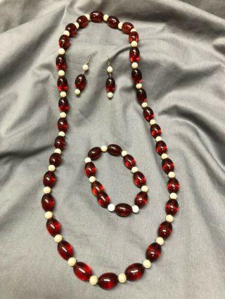 - - - Vintage Cherry Amber Bakelite Bead Necklace,  Bracelet,  Earrings,
