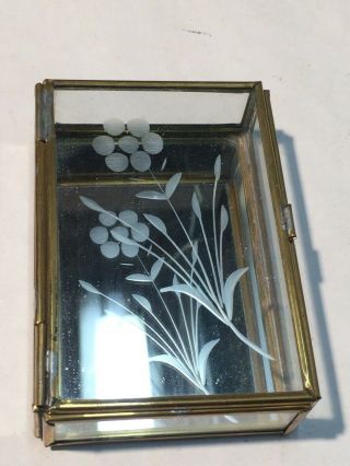 Vintage Brass & Glass Jewelry Trinket Box Etched Flower Hinged Lid & Mirror Btm