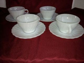 Set Of 4 Opaque Anchor Hocking Vintage 1930s Milk Glass Tea Cup And Saucers