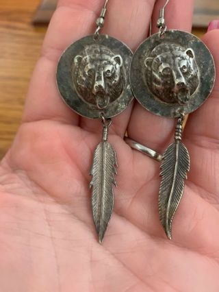 Vintage Sterling Silver Bear Feather Native American Pierced Earrings