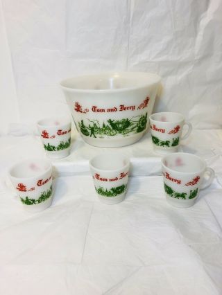 Vintage Tom And Jerry Hazel Atlas Punch Bowl With Mugs Cups 6 Piece Set
