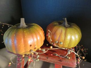 2 Vintage Very Primitive Fall Thanksgiving Jack - O - Lantern Pumpkin Head Gourds