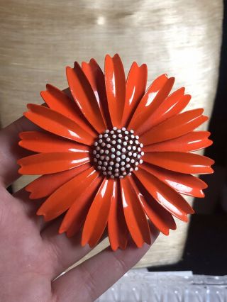 Vtg Large Signed Crown Trifari Brooch Pin Enamel Flower Orange Daisy