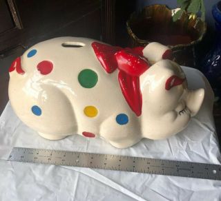 Large Vintage Polka Dot Usa American Bisque Pottery Piggy Bank Orig Paint