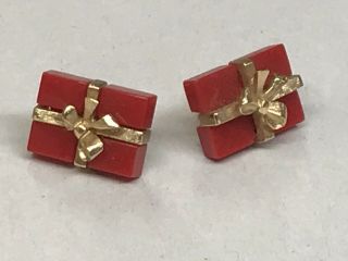 Vintage Cherry Red Bakelite Pierced Present Earrings Goldtone Gifts