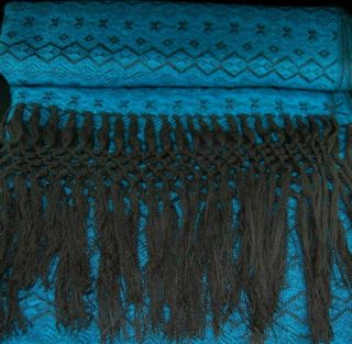 Vintage Hand Woven Throw Blanket Afghan Alpaca Teal Black Fringe Peru Fine Work