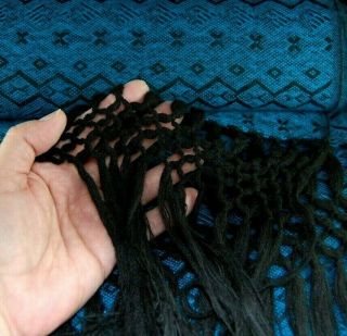 Vintage Hand Woven Throw Blanket Afghan Alpaca Teal Black Fringe Peru Fine Work 2