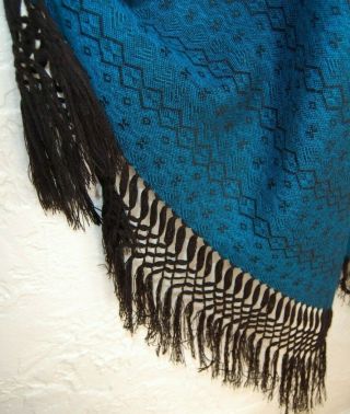 Vintage Hand Woven Throw Blanket Afghan Alpaca Teal Black Fringe Peru Fine Work 4