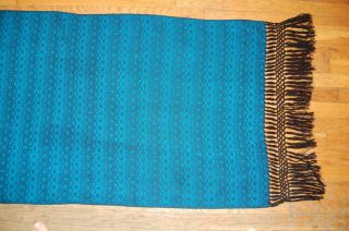 Vintage Hand Woven Throw Blanket Afghan Alpaca Teal Black Fringe Peru Fine Work 8