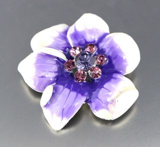 Vintage 60’s Purple Crystal Glass Rhinestone & Enamel Flower Pin Brooch