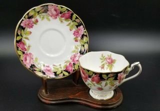 Vintage Fine Bone China Tea Cup & Saucer By Princess Anne Black Pink Roses Gold
