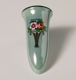Vintage Art Deco Noritake Small Wall Pocket Vase - Green Luster W/ Deco Flowers
