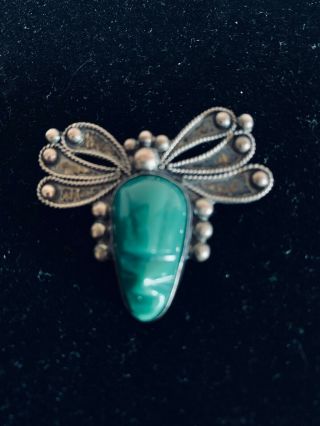Vintage Sterling Silver Butterfly Pin,  From Mexico With Carved Green Mask J11