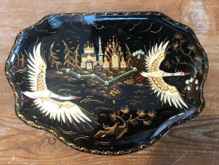Vintage Large Russian Lacquer Box Hand Painted Signed Flying Swans 7” X 5”