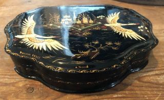Vintage Large Russian Lacquer Box Hand Painted Signed Flying Swans 7” X 5” 2