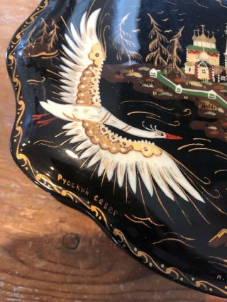Vintage Large Russian Lacquer Box Hand Painted Signed Flying Swans 7” X 5” 3