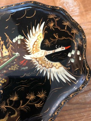 Vintage Large Russian Lacquer Box Hand Painted Signed Flying Swans 7” X 5” 6