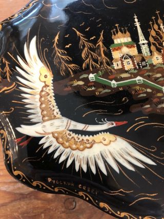Vintage Large Russian Lacquer Box Hand Painted Signed Flying Swans 7” X 5” 8
