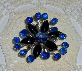 Vintage Blue Rhinestone Flower Burst Brooch Pin Ab Center Stone Silver Tone