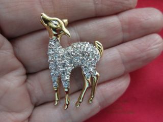 Vintage Adorable Silver Gold Clear Glass Rhinestone Fawn Deer Animal Brooch Pin