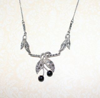 Vintage 925 Sterling Silver Estate Black Cherry Marcasite Floral Necklace Chain