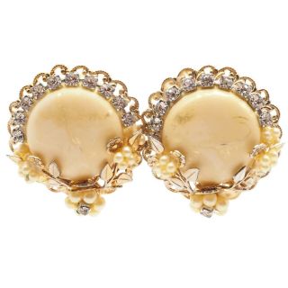 Vintage Estate Gold Tone Clip On Earrings With Crystal Rhinestones & Faux Seed