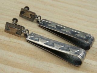 Vtg Taxco Mexico Signed Rex Sterling Silver Aztec Tribal Drop Screwback Earrings