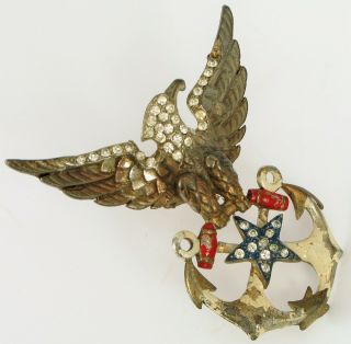 Vtg Designer Signed Authentics Federal Eagle Costume Brooch Rhinestones Anchor