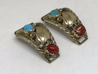 Vintage Navajo Sterling Silver & Gold Filled Turquoise Coral Watch Tips
