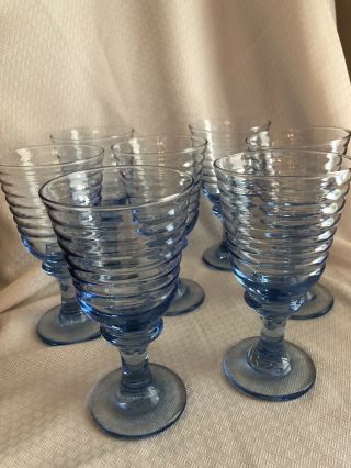 7 Vintage Libbey Light Blue Sirrus Water Wine Goblet Ribbed Glasses 12 0z
