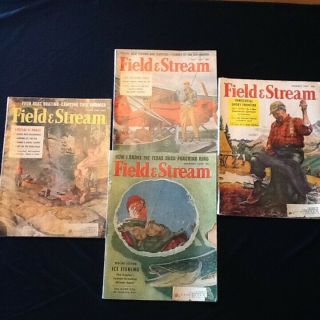 4 Vtg 1957 Field & Stream Magazines Jan,  June,  July,  Aug.  Ice Fishing & More