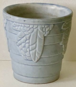 Vintage Art Pottery Light Blue Glaz Molded Leaf & Berries Rings Small Flower Pot