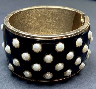 Vintage Clamper Bracelet 1.  5” Wide Huge Heavy Gold Tone Black Enamel Faux Pearls