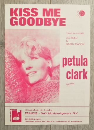 Vintage 1968 Pop Sheet Music Petula Clark - Kiss Me Goodbye Recorded For Pye