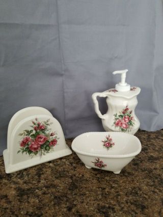 Vintage Athena Ceramic 3 Piece Set - Rose Rhapsody - Pitcher,  Soap Dish & Hand