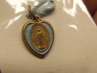 Vintage Blue Enamel Virgin Mary Petite Charm On Blue Ribbon In Package 4