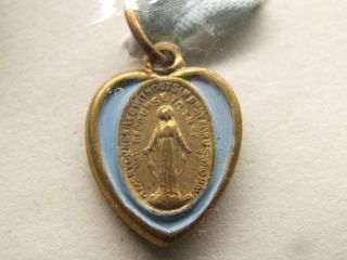 Vintage Blue Enamel Virgin Mary Petite Charm On Blue Ribbon In Package 5