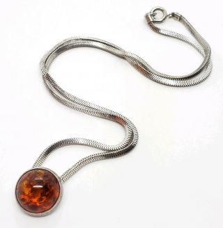 Simplistic Vintage 925 Sterling Silver Baltic Amber Modernist Pendant Necklace