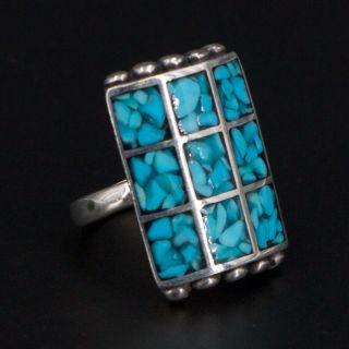 Vtg Sterling Silver Navajo Crushed Turquoise Inlay Adjustable Ring Size 10 - 19g