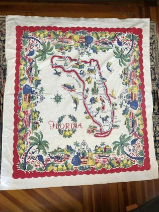 Vintage Retro 1950’s Florida State Map Souvenir Cotton Tablecloth 48.  5” Square