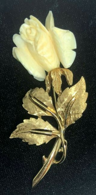 Vintage Signed Boucher Gold Tone & Carved Rose Pin Brooch