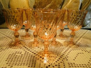 Pink Depression Glass Goblets Optic Swirl Wine Glasses Vtg Arcoroc France Set 8