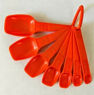 Set Of 7 Vintage Tupperware Orange Plastic Measuring Spoons With Ring