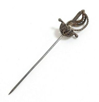 Vintage 925 Sterling Silver Filigree Rapier Sword Shaped Pin Pick Jewelry Ger295