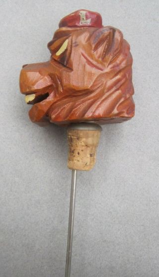 VTG Carter Hoffman Mascot Carved Wood Bottle Stopper Cork Pourer L Lion 2
