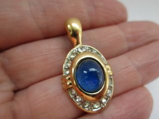 Vintage Signed Bj Gold Sapphire & Clear Glass Rhinestone Pendant