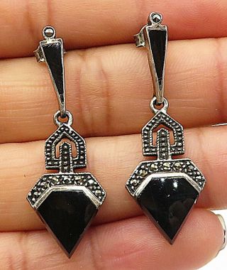 925 Silver - Vintage Black Onyx & Marcasite Diamond Shaped Drop Earrings - E4465