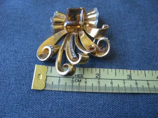 Vintage 40 ' s crystal & rhinestones bow with ribbons shape golden metal large pin 3